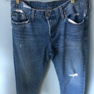 Womens LEVIS 501 distressed button fly blue JEANS